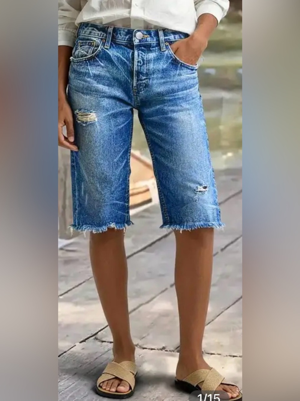 Flamingals Raw Hem Ripped Mid Waist Denim Bermuda Shorts